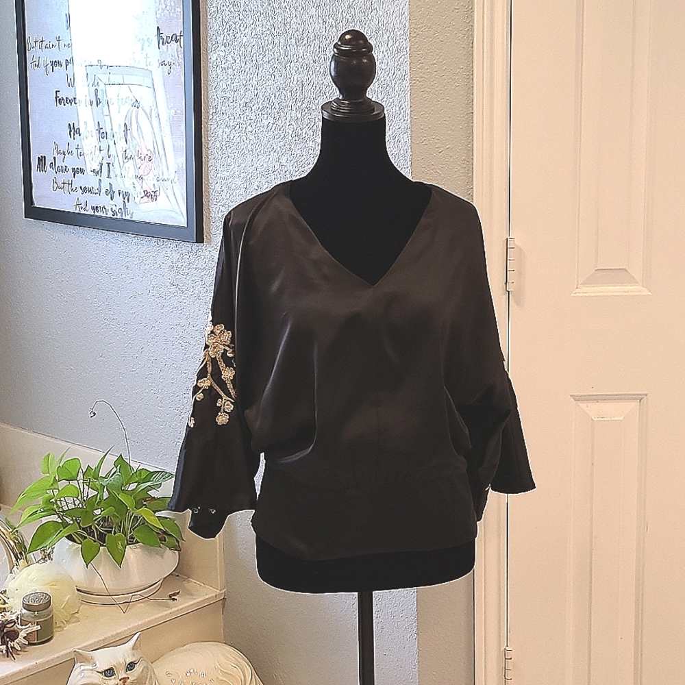 Kimono sleeve satin top with embroidered detail EUC
